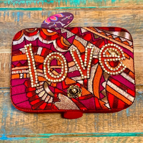 Other - Embroidered Love Jewelry Storage Box with Rose & Rhinestones - Rare!